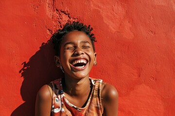 a child laughing in front of a red wall