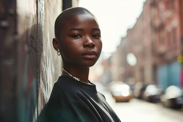 a woman leaning against a wall