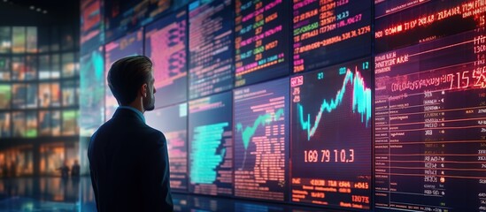 businessman surveying stock market, digital display