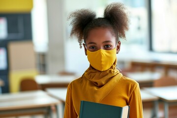 a girl wearing a yellow face mask and holding a book