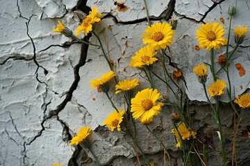 yellow flowers growing on a cracked surface