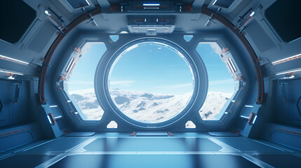 Spaceship interior with view on Earth 3D rendering elements of this image, View of planet Earth from inside a space station,  view on planet Earth, image furnished by NASA. ai generated
