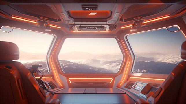 Spaceship interior with view on Earth 3D rendering elements of this image, View of planet Earth from inside a space station,  view on planet Earth, image furnished by NASA. ai generated