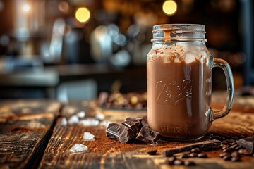 a glass jar with a drink and pieces of chocolate on a wooden table