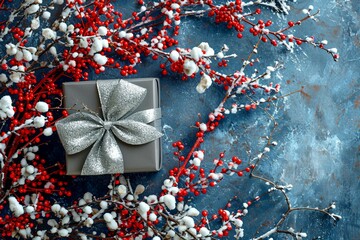 a gift box with a bow and red berries