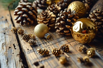 a group of pine cones and ornaments