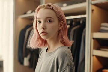 a girl with pink hair in a grey shirt