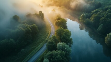 Aerial view of countryside road through the mystic forest. Foggy lake at sunrise in summer.