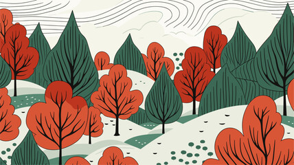 Vector illustration of a seamless pattern capturing the diverse and enchanting beauty of lush forest scenes  creating a visually immersive and calming composition. simple minimalist illustration