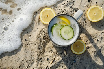 a cup of water with cucumbers and lemons on sand