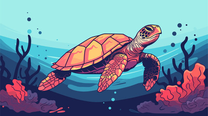 Underwater vector illustration of a sea turtle gliding through colorful coral  symbolizing the grace and resilience of marine life beneath the ocean's surface. simple minimalist illustration creative