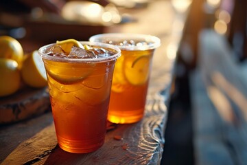 two cups of iced tea and lemons - obrazy, fototapety, plakaty