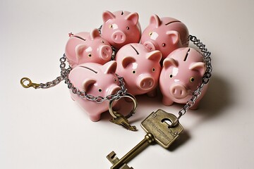 a group of pink piggy banks with a key