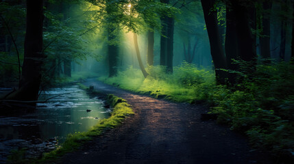 a long path road in a forest, wallpaper sunny scenery