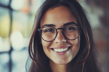 a woman wearing glasses smiling