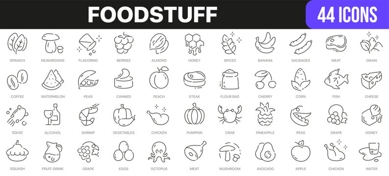 Foodstuff line icons collection. UI icon set in a flat design. Excellent signed icon collection. Thin outline icons pack. Vector illustration EPS10