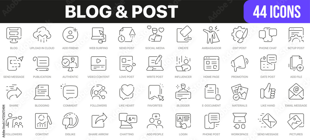 Aufkleber blog and post line icons collection. ui icon set in a flat design. excellent signed icon collection.