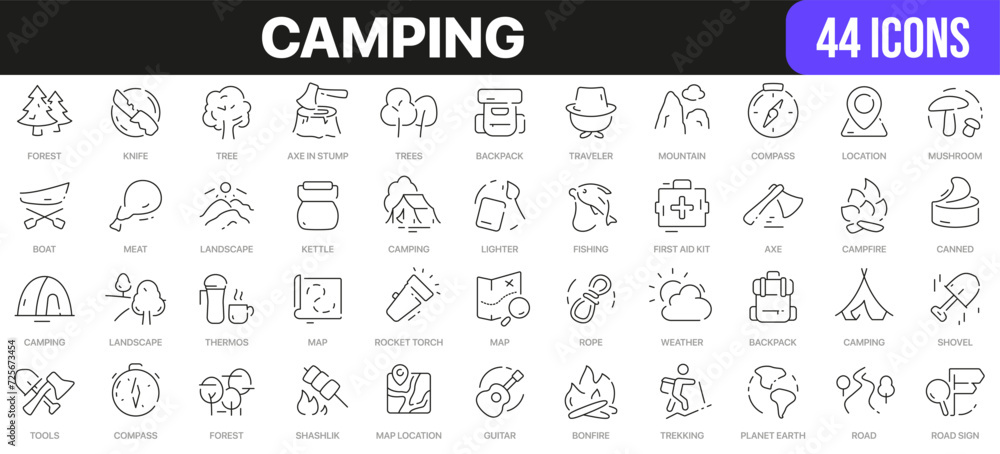 Poster camping line icons collection. ui icon set in a flat design. excellent signed icon collection. thin 