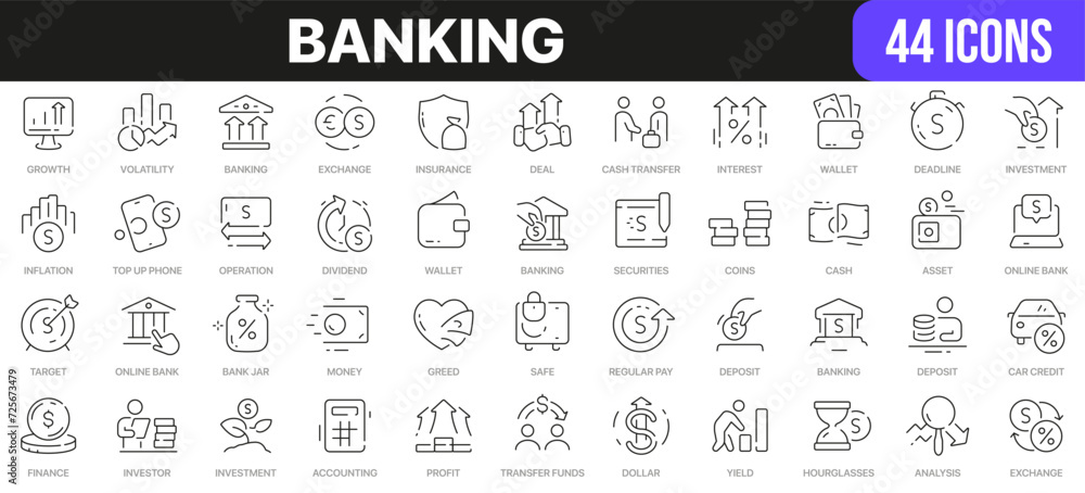 Poster Banking line icons collection. UI icon set in a flat design. Excellent signed icon collection. Thin outline icons pack. Vector illustration EPS10