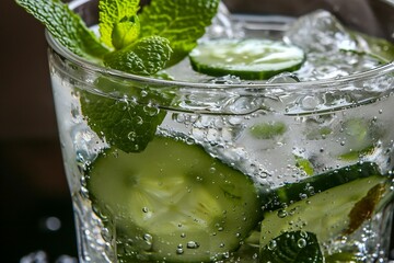 a glass with cucumber and mint in it