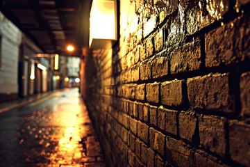 Photo sur Plexiglas Ruelle étroite a brick wall with a light on the side