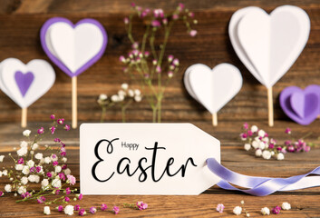 Label With Spring Flowers, Hearts, Text Happy Easter