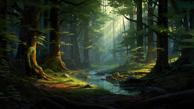 a romantic beautiful sunshine falling into a forest, wallpaper