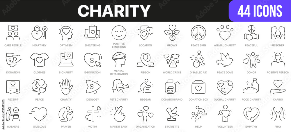 Poster charity line icons collection. ui icon set in a flat design. excellent signed icon collection. thin 