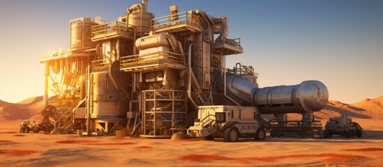 oil mining equipment in the desert at sunset, light, orange, blue