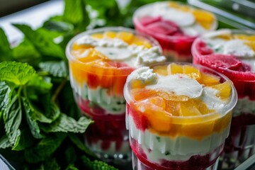 a group of fruit desserts in plastic cups