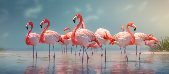 Flamingos looking for fish in the sea