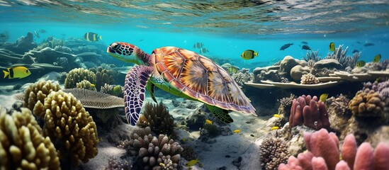 Turtles swim in the sea water and colorful coral rocks