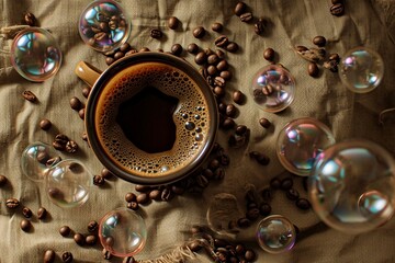 a coffee cup and bubbles on a cloth