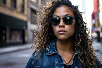 a woman wearing sunglasses and a denim jacket