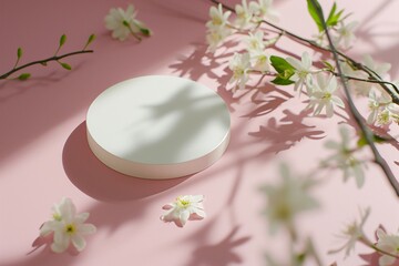 a white circle on a pink surface surrounded by white flowers