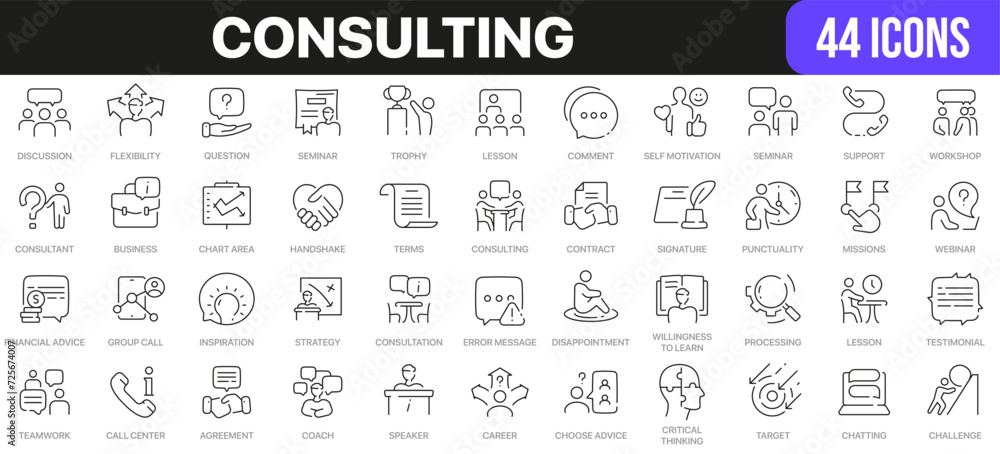 Poster Consulting line icons collection. UI icon set in a flat design. Excellent signed icon collection. Thin outline icons pack. Vector illustration EPS10