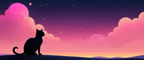 Deurstickers A black cat sits in silhouette against a vibrant backdrop of a sunset, mountains, and a starry sky synthwave style © PLATİNUM