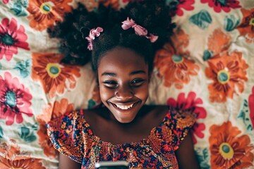 a girl lying on a bed smiling
