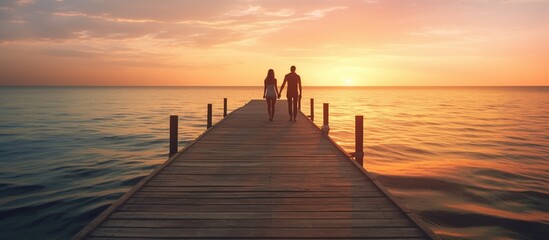 woman and man couple at the end of the wooden pier and the sea in the evening sunset - obrazy, fototapety, plakaty