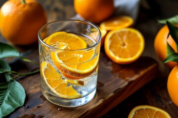 a glass of water with orange slices on it