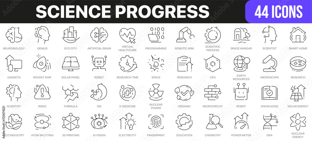 Poster science progress line icons collection. ui icon set in a flat design. excellent signed icon collecti