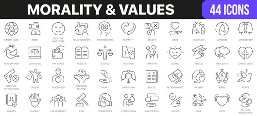 Fototapeta na wymiar Morality and values line icons collection. UI icon set in a flat design. Excellent signed icon collection. Thin outline icons pack. Vector illustration EPS10
