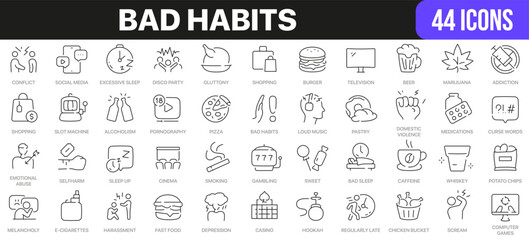 Bad habits line icons collection. UI icon set in a flat design. Excellent signed icon collection. Thin outline icons pack. Vector illustration EPS10