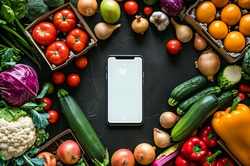 a cellphone surrounded by vegetables
