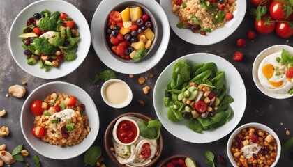 Assortment of healthy food dishes. Top view. Free space for your text