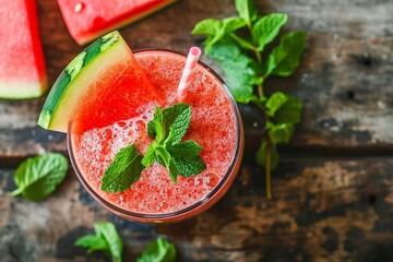 a glass of watermelon juice with mint leaves