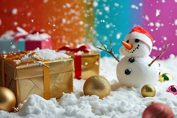 a snowman and presents in the snow