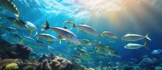 Underwater view of blue water, a group of tuna fish on colorful coral reefs