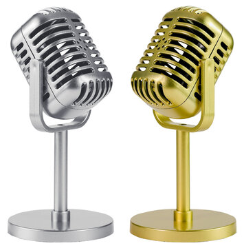 Closeup set of vintage retro style microphone golden and silver chrome color isolated clipping path on white background.