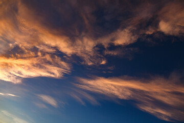 Real amazing panoramic sunrise or sunset sky with gentle colorful clouds.Skyline top view Evening sunset sky and the morning sunrise.Nature Backgrounds